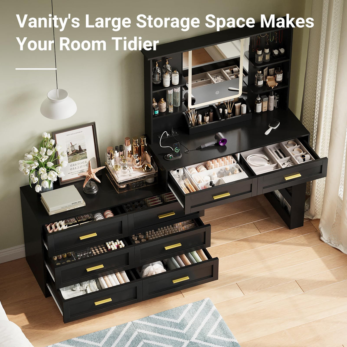 Black Makeup Vanity Desk with Mirror and Lights G52607