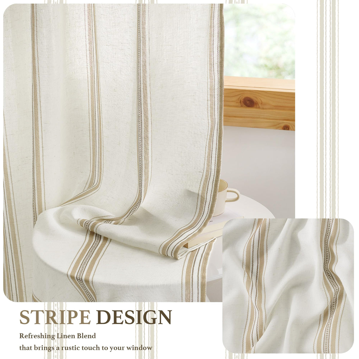 Taupe & White Stripe Linen Curtains 52 x 84 Inch H5251