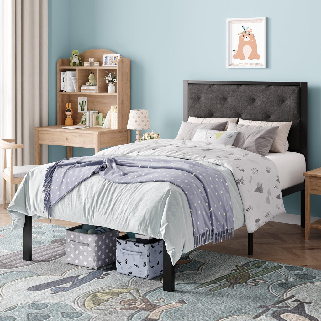 Twin Size Metal Bed Frame with Linen Tufted Headboard H8625