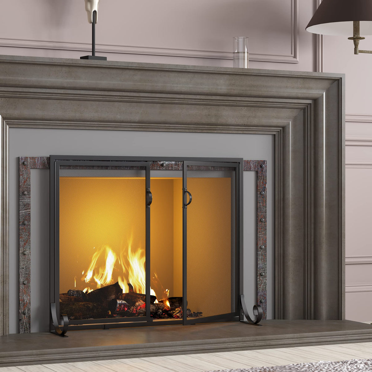 Hinged Double Door Fireplace Mesh Guard R9688