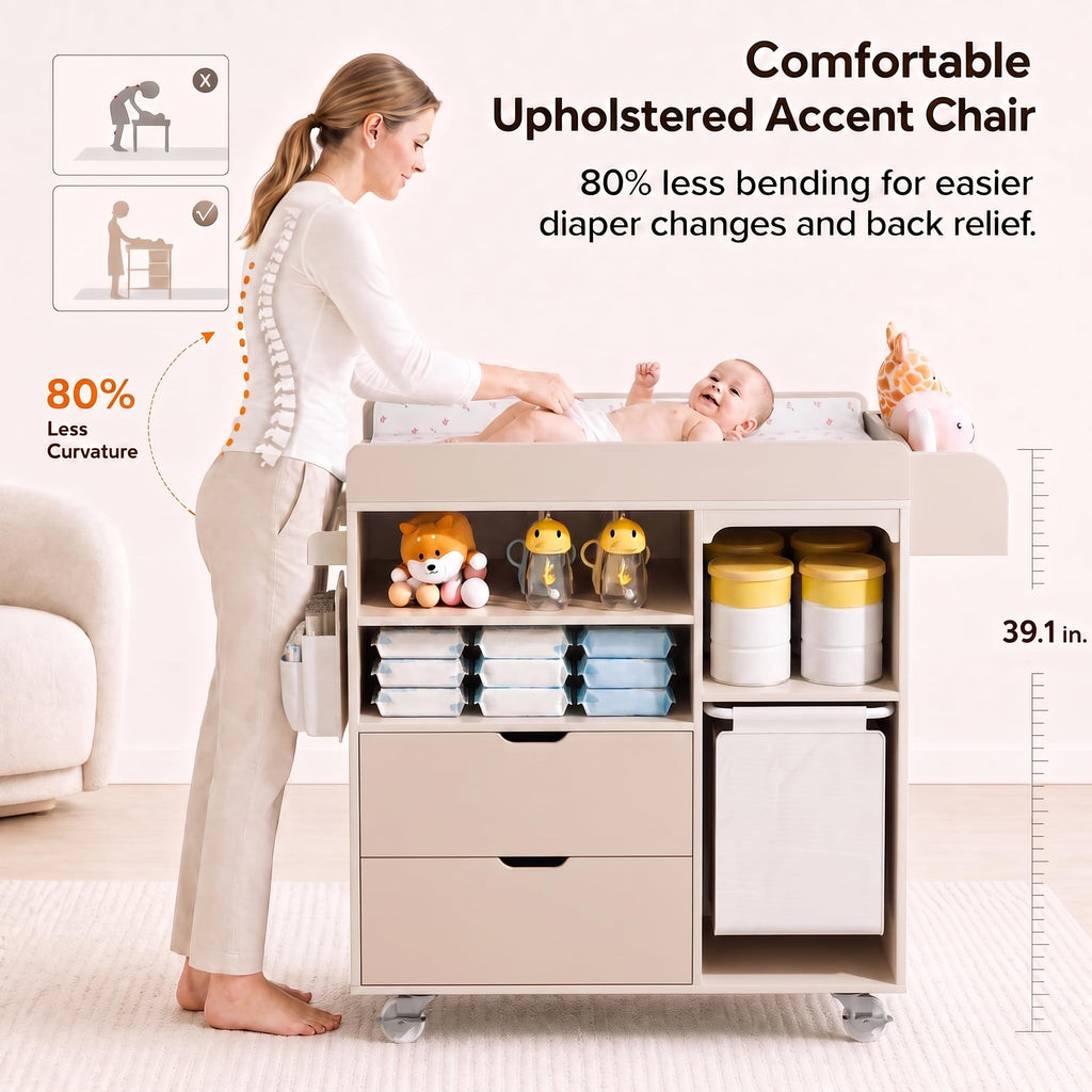 Beige Baby Changing Table Dresser with Drawers E541147