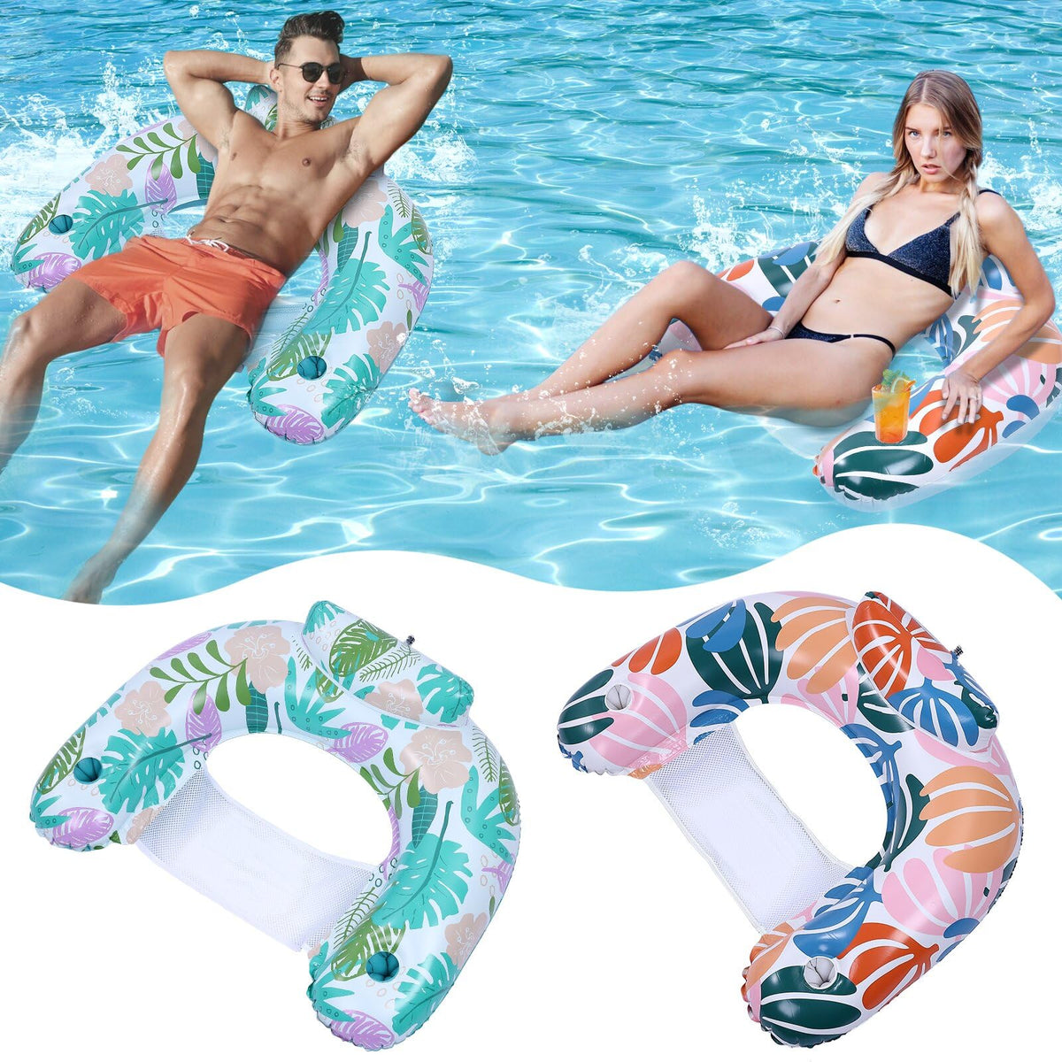 2 Pack Inflatable Pool Float Chair with Cup Holder S360