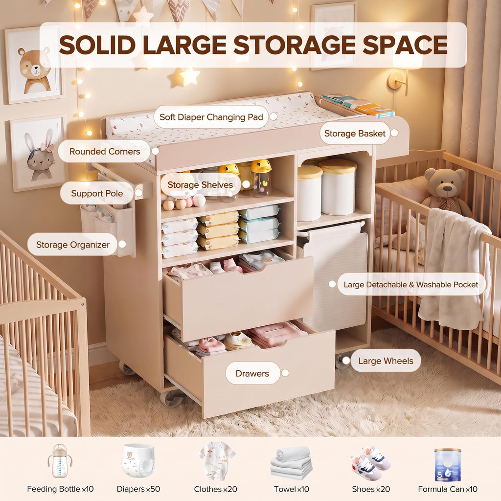 Beige Baby Changing Table Dresser with Drawers E541147