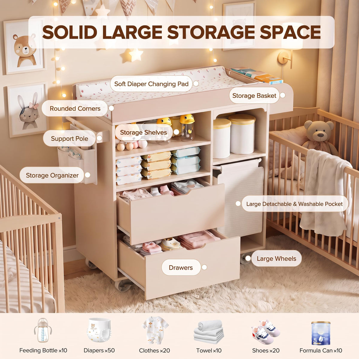 Beige Baby Changing Table Dresser with Drawers E541147