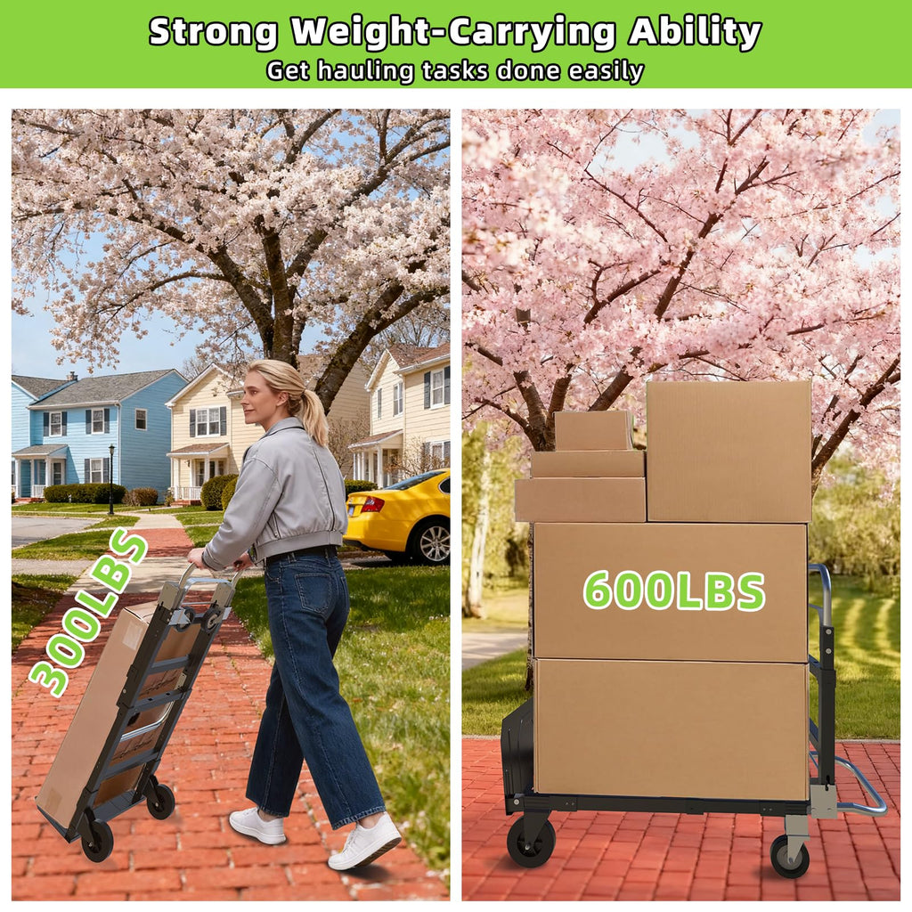 3 in 1 Folding Hand Truck, 600Lbs Capacity Collapsible Cart with Retractable Handle and 4 Rubber Wheels M981
