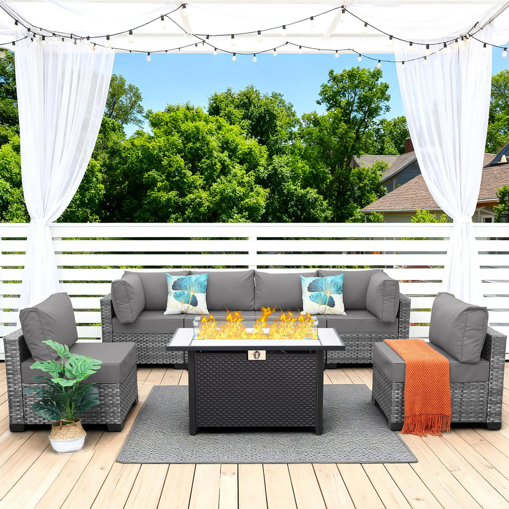 7 Pieces Wicker Patio Furniture Set with Fire Pit Table Y104