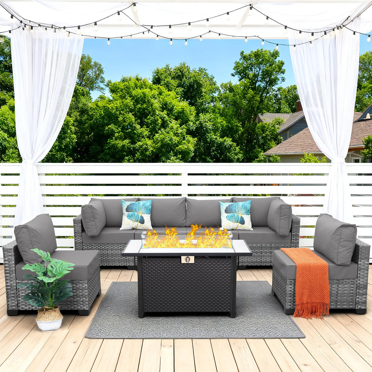 7 Pieces Wicker Patio Furniture Set with Fire Pit Table Y104