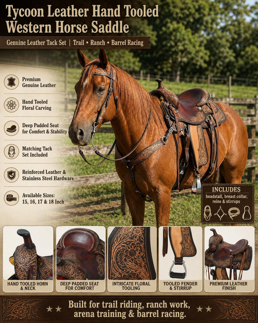 Hand Tooled Genuine Leather Western Horse Saddle with Tack Set 15-18 Inch N316654