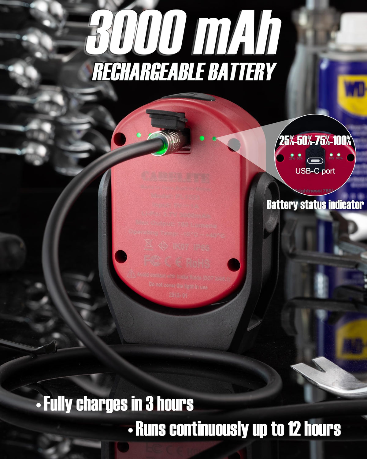 Magnetic Work Light 780 Lumen Rechargeable 3000mAh Red Q391226