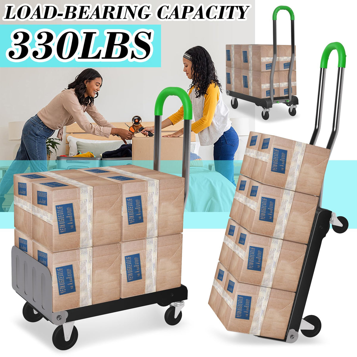 2-in-1 Convertible Hand Truck Dolly, 330LBS Capacity, Foldable Black & Dill Green H66255