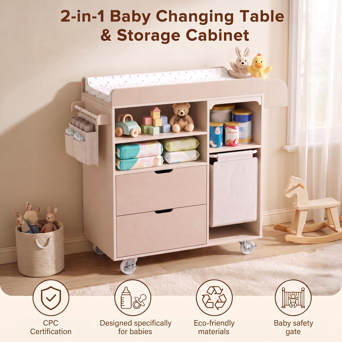 Beige Baby Changing Table Dresser with Drawers E541147