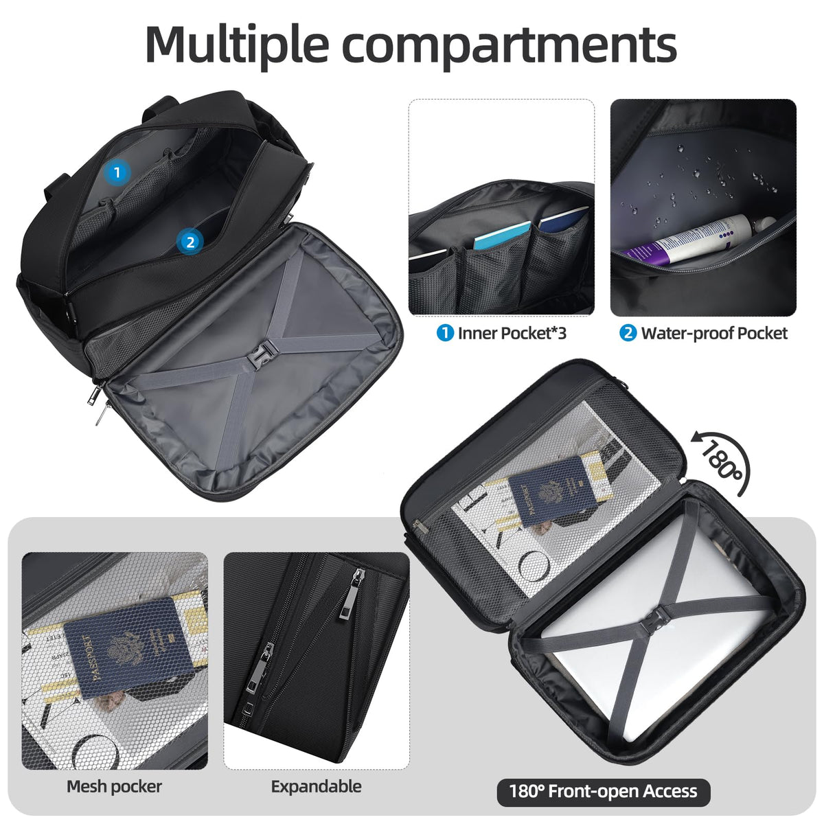 Black Expandable Carry-On Luggage Duffel Bag with Adjustable Strap G9199
