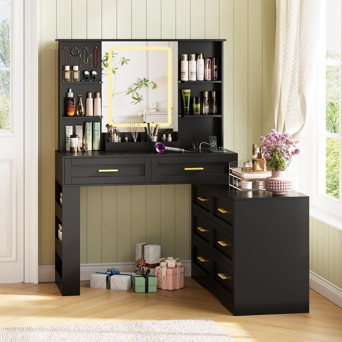 Black Makeup Vanity Desk with Mirror and Lights G52607