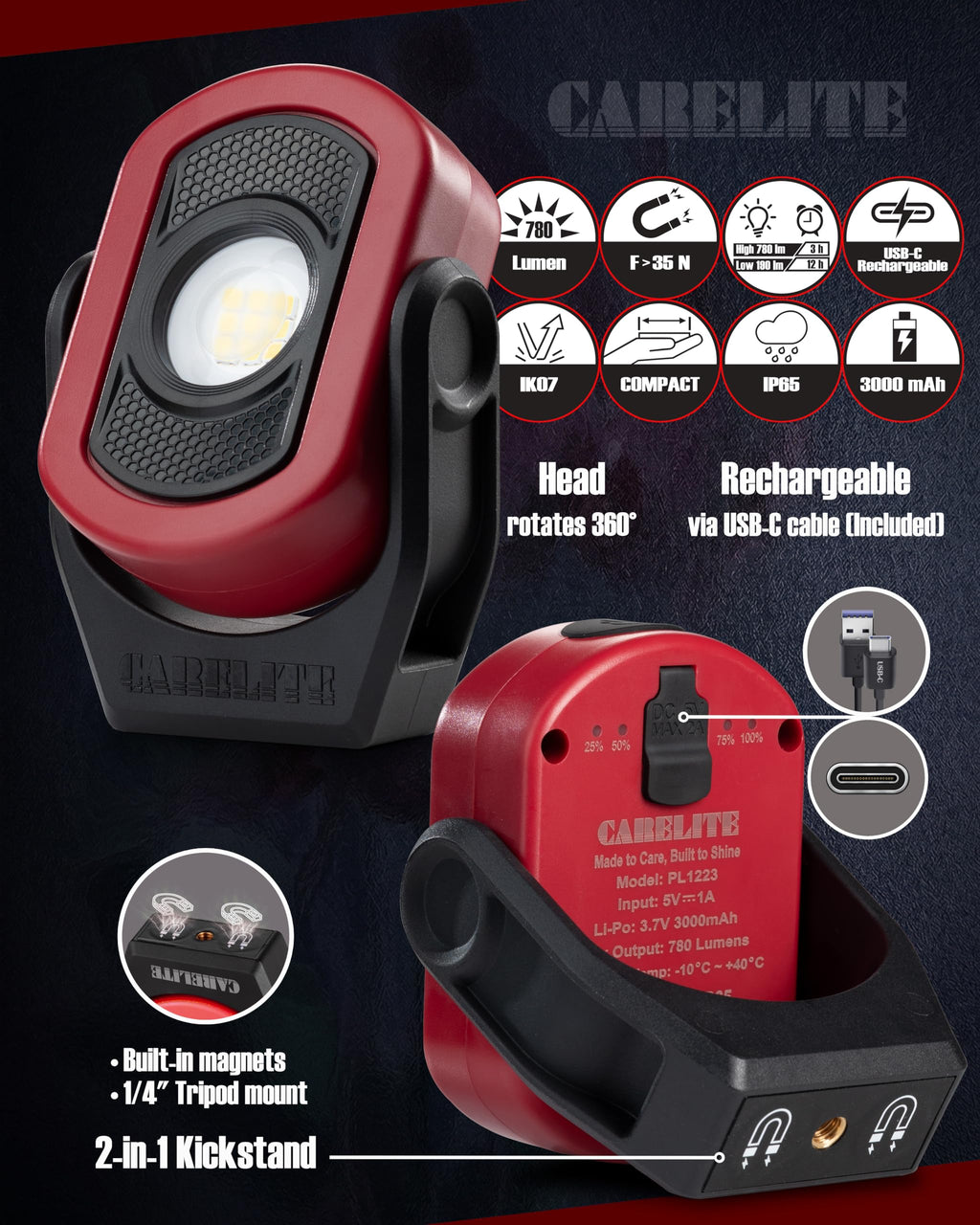 Magnetic Work Light 780 Lumen Rechargeable 3000mAh Red Q391226