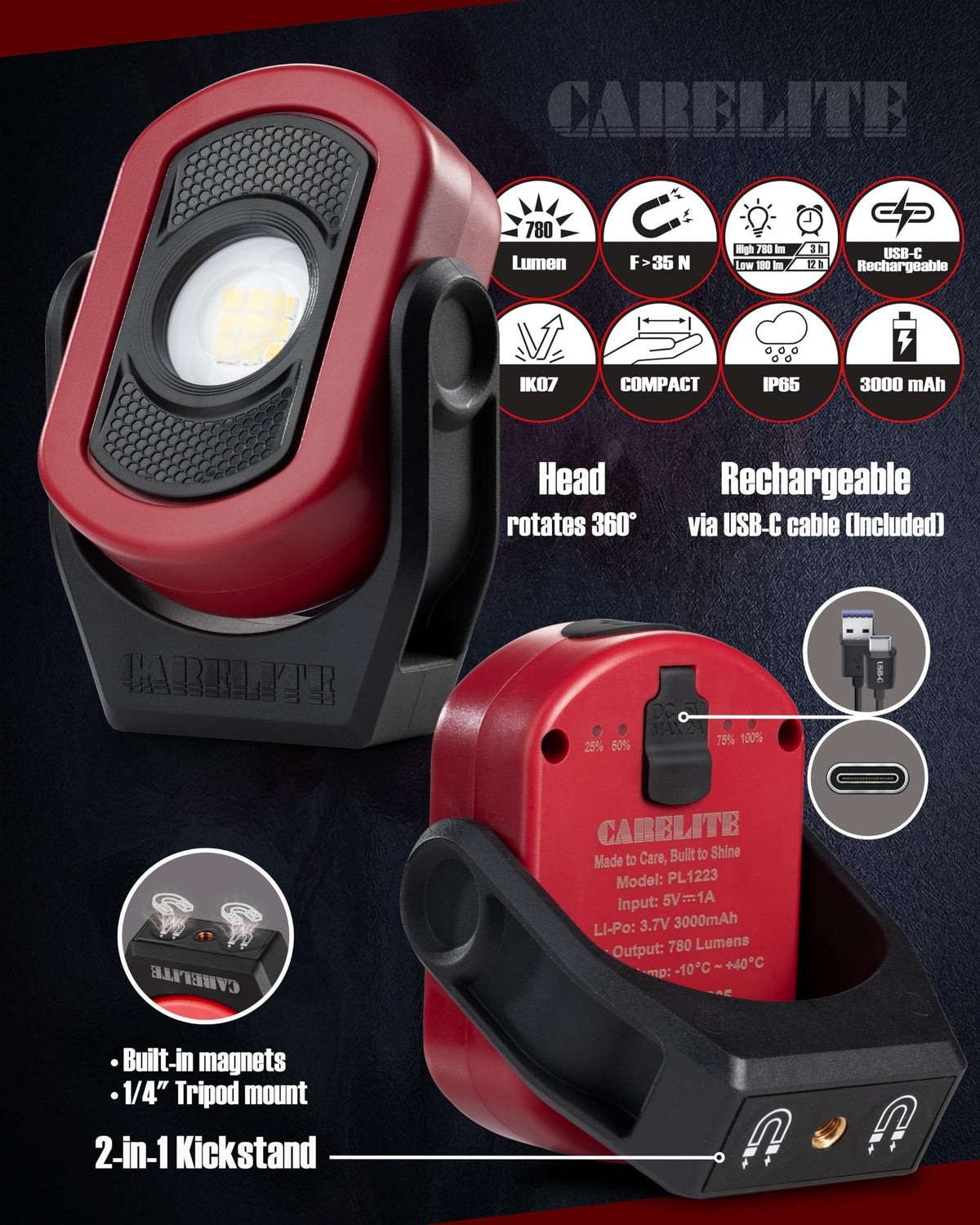 Magnetic Work Light 780 Lumen Rechargeable 3000mAh Red Q391226