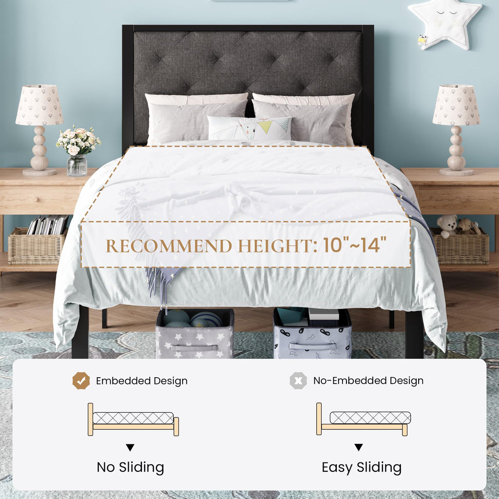 Twin Size Metal Bed Frame with Linen Tufted Headboard H8625