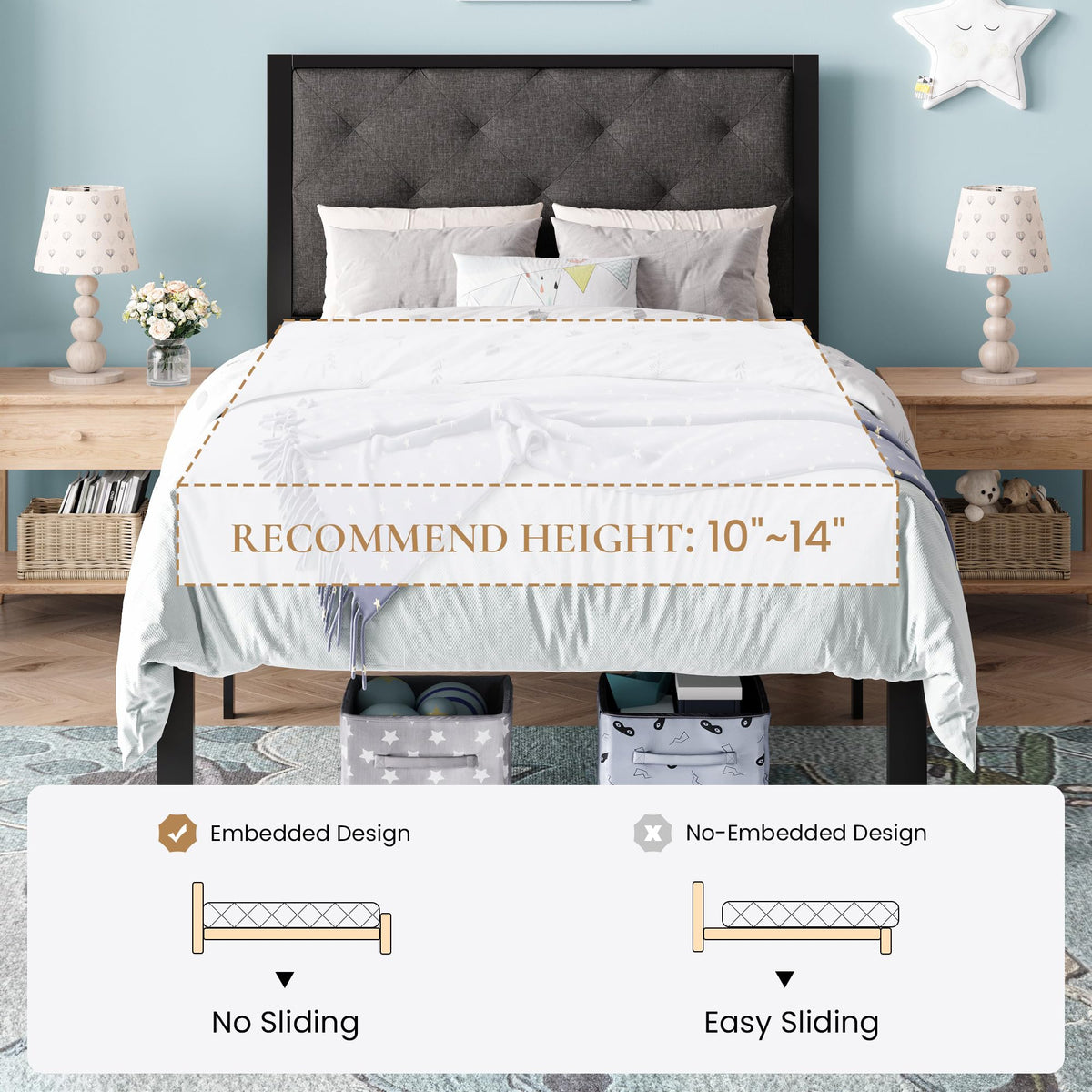 Twin Size Metal Bed Frame with Linen Tufted Headboard H8625