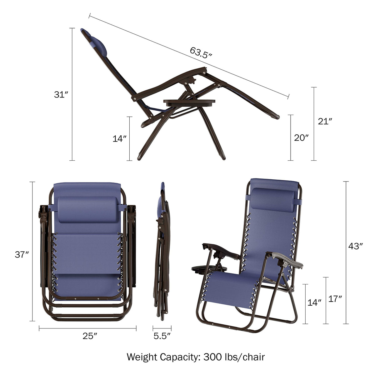 Set of 2 Navy Zero-Gravity Chairs with Side Table F959