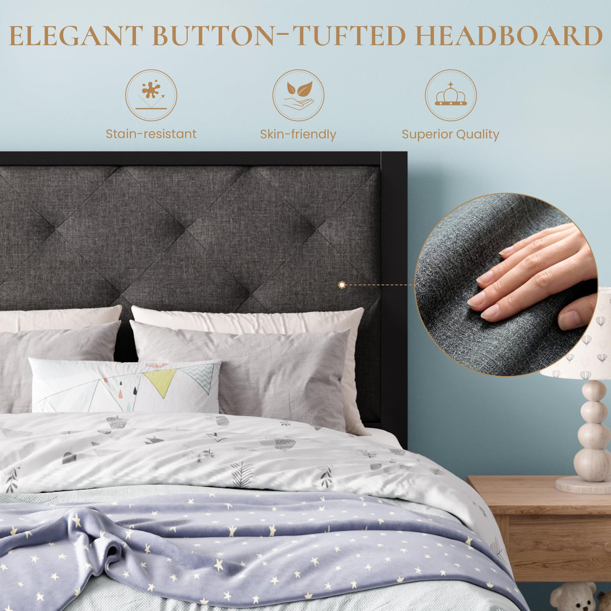 Twin Size Metal Bed Frame with Linen Tufted Headboard H8625