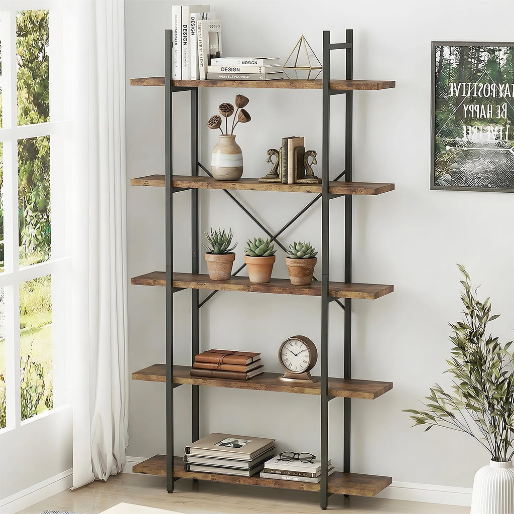 5 Tiers Rustic Brown and Metal Bookshelf C35680
