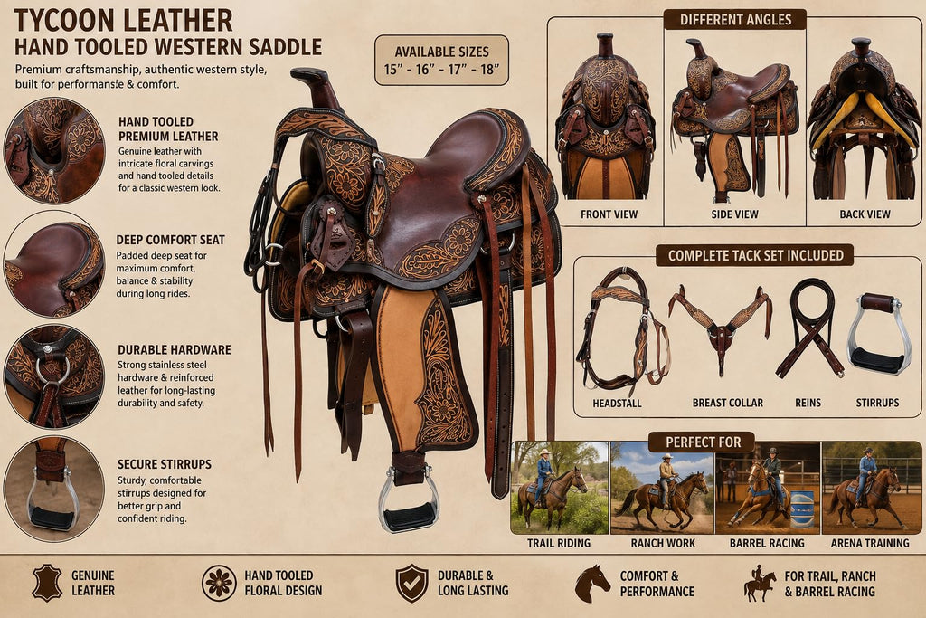Hand Tooled Genuine Leather Western Horse Saddle with Tack Set 15-18 Inch N316654
