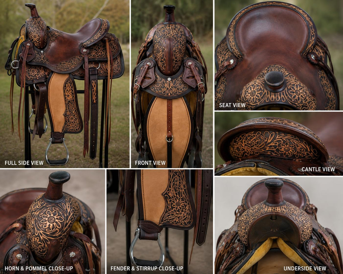 Hand Tooled Genuine Leather Western Horse Saddle with Tack Set 15-18 Inch N316654