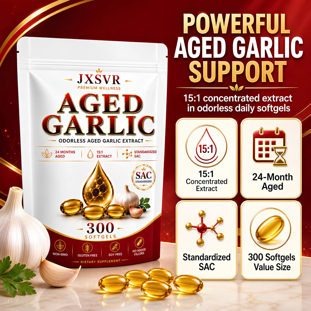 Aged Odorless Garlic Extract Softgels 300 Count E2341
