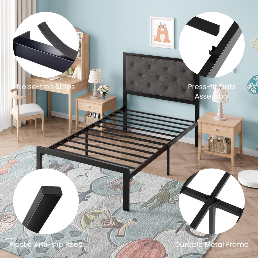 Twin Size Metal Bed Frame with Linen Tufted Headboard H8625