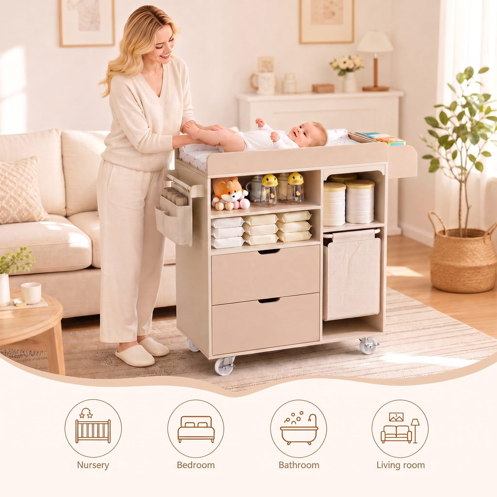 Beige Baby Changing Table Dresser with Drawers E541147