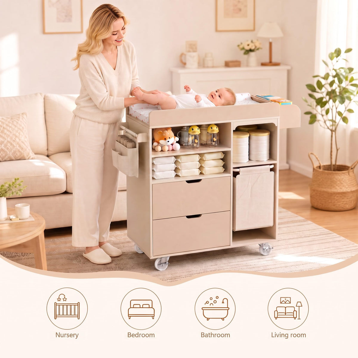 Beige Baby Changing Table Dresser with Drawers E541147
