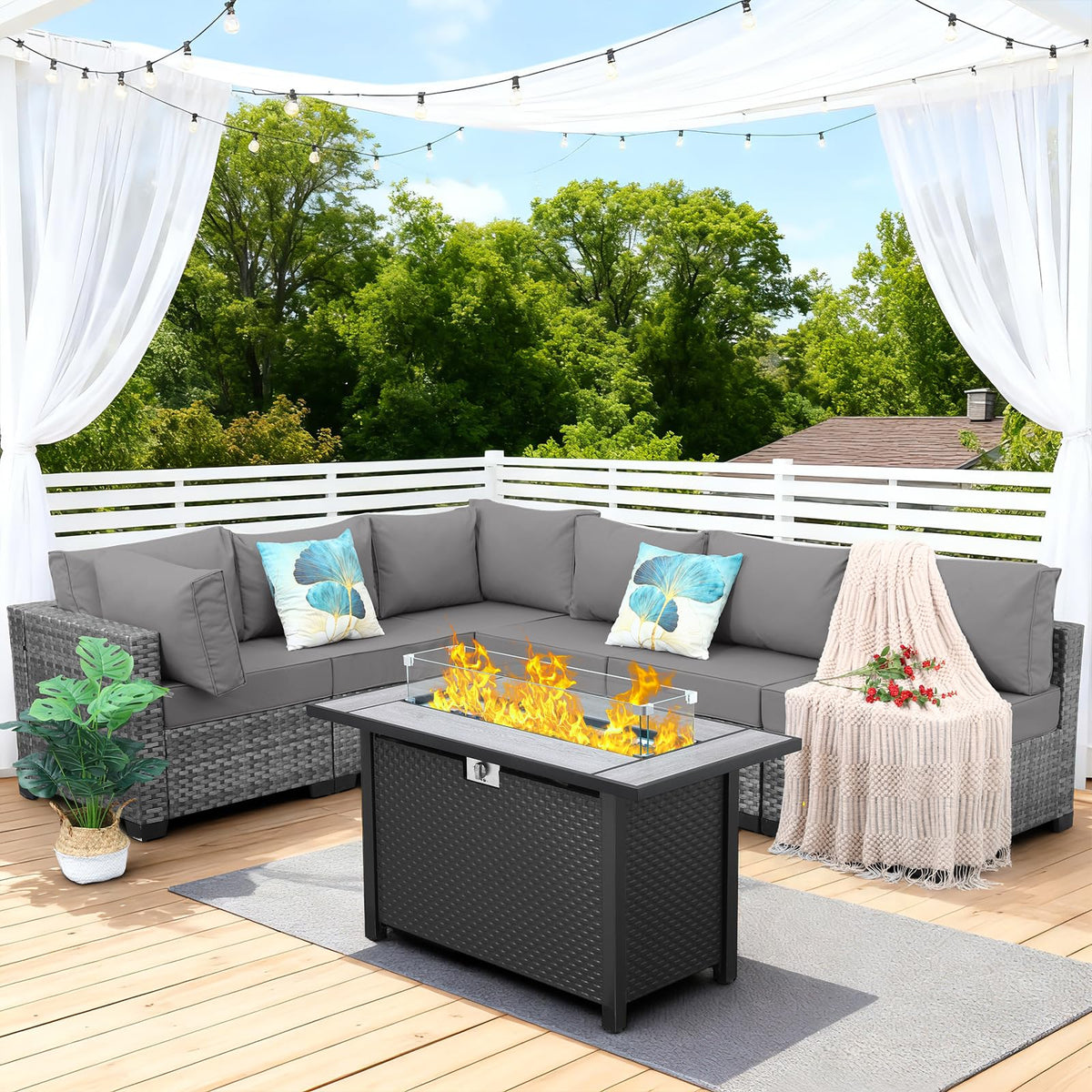 7 Pieces Wicker Patio Furniture Set with Fire Pit Table Y104