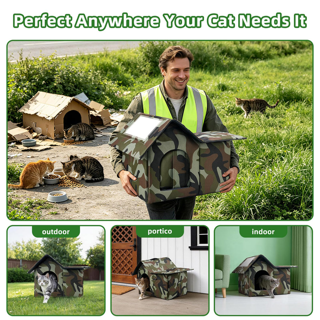 Large Weatherproof Outdoor Cat House with Door and Soft Mat T84194